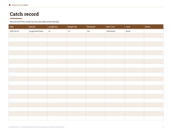 Preview of Printable Fishing Catch Record